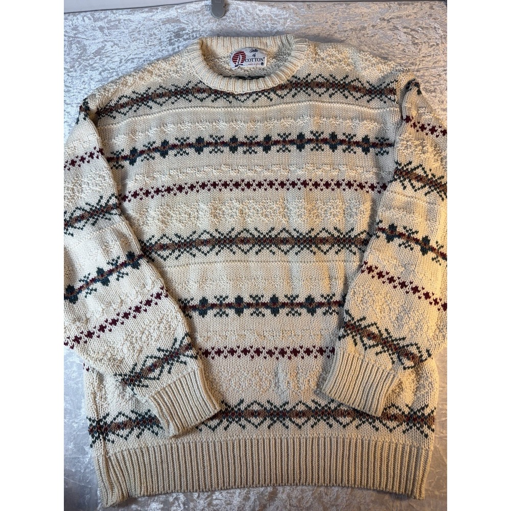 Vintage Isle of Cotton Sweater USA Made L Fair Isle 100% Cotton Grandpa